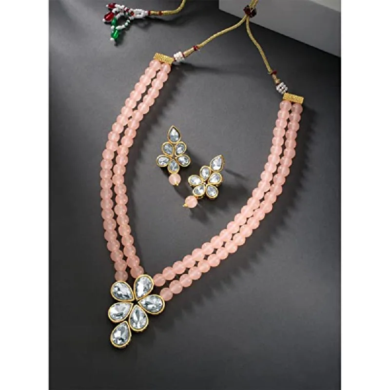 Gold Necklaces for Bridesmaids-Etnico Gold Plated Traditional Kundan & Pearl Studded Necklace Jewellery Set For Women (ML311) (Peach)