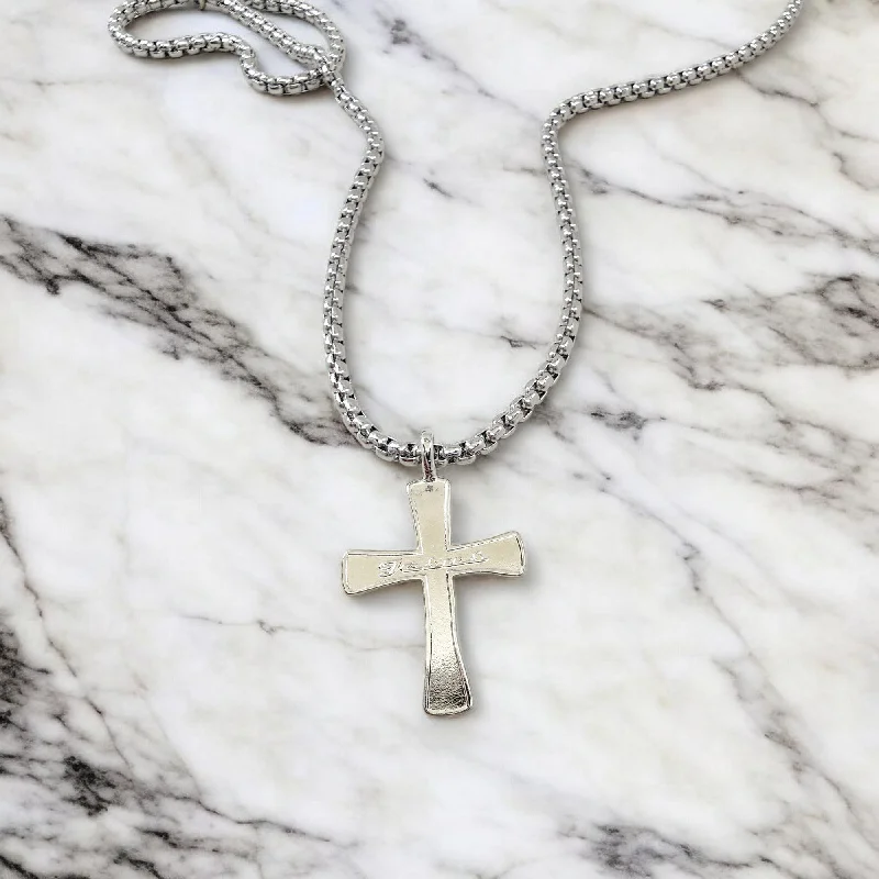 Long Silver Necklaces-Cross Jesus Rhodium Silver Metal Finish Necklace Steel Heavy Chain Necklace