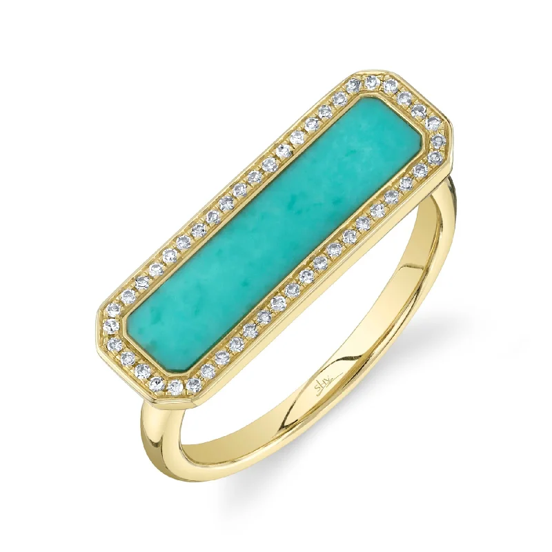 Vintage Gemstone Rings-14K Yellow Gold Diamond & Composite Turquoise Bar Ring