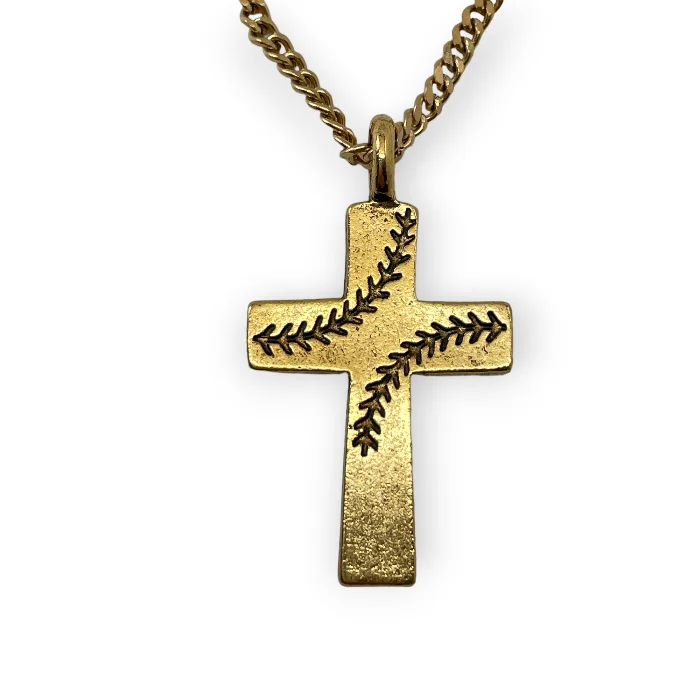 Bright Colored Necklaces-Baseball Stitch Cross Gold Finish Necklace on Chain