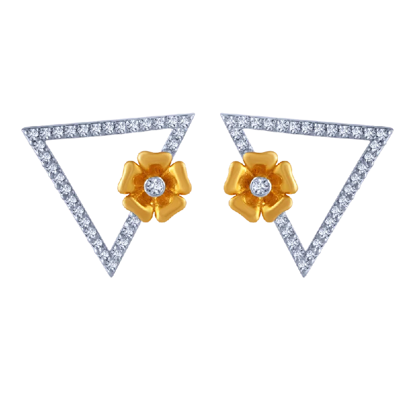 Mixed Metal Earrings-18k Triangular Diamond Stud Earrings With An Intricate Flower