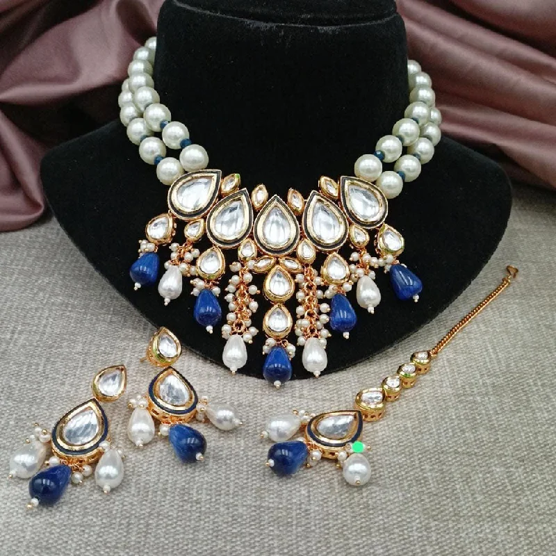 Gold Necklaces for Bridesmaids-Shagna Gold Plated Kundan And Pearl  Necklace Set