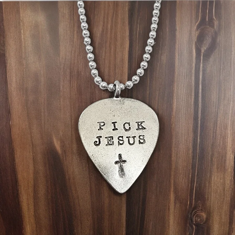 Sterling Silver Necklaces-Pick Jesus Cross Guitar Pick Antique Silver Finish Pendant Ball Chain Necklace