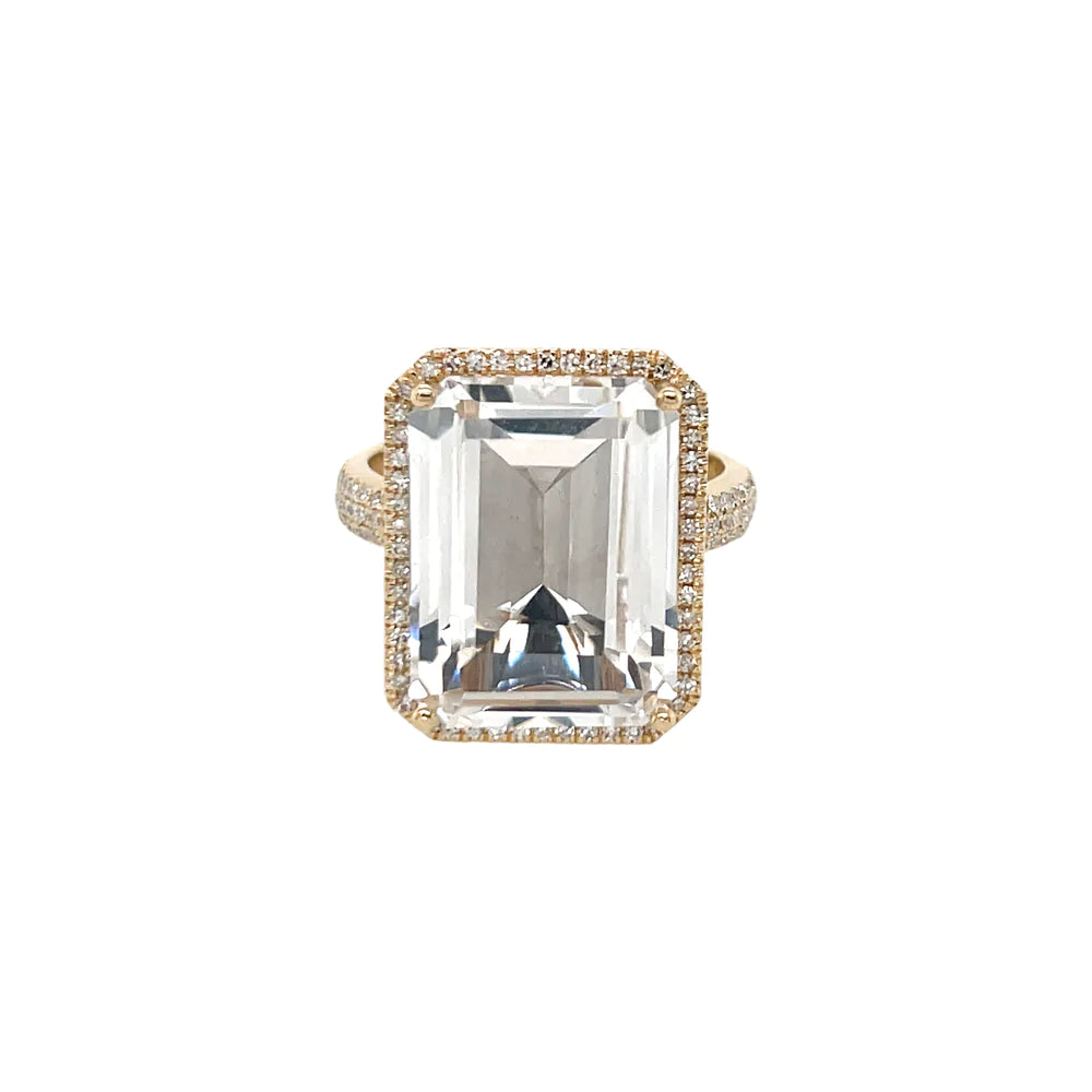 Simple Gemstone Rings-14K White Topaz & Diamond Ring with Emerald Cut