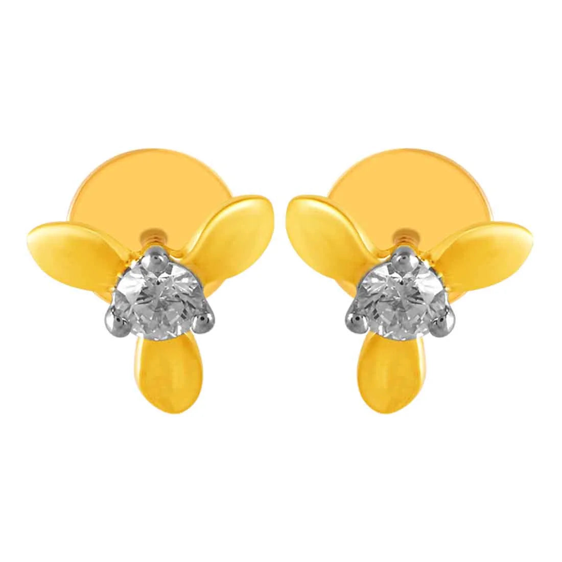 Vibrant Gemstone Earrings-14KT (585) Yellow Gold & Diamond with three Intricate Petals Stud Earrings