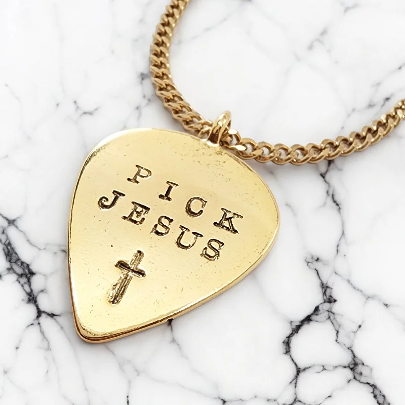 Fine Jewelry Necklaces-Pick Jesus Cross Gold Metal Finish Guitar Pick Pendant Gold Finish Chain Necklace