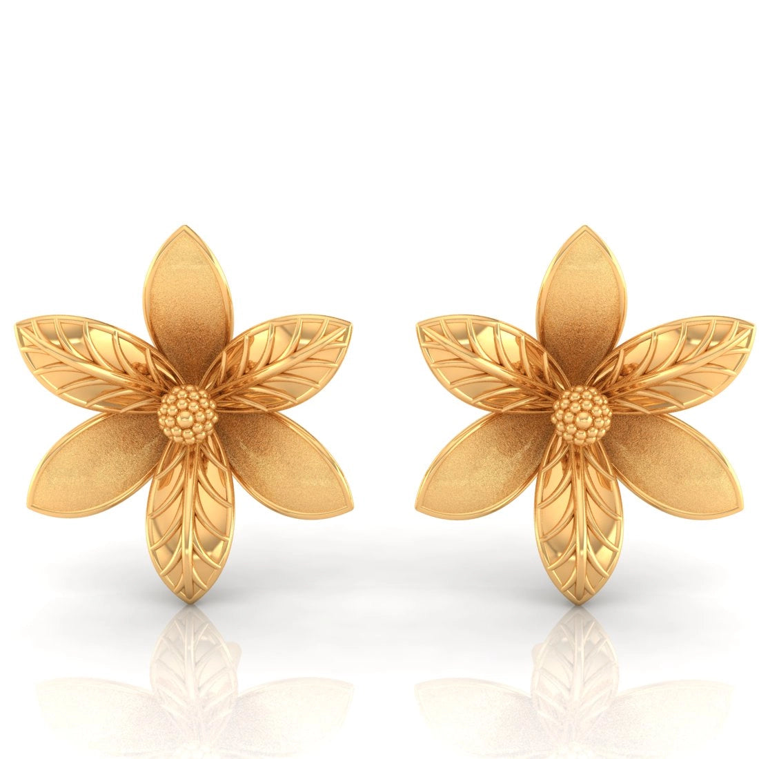 Chunky Earrings for Parties-22KT (916) Yellow Gold Flower Stud Earrings With Detailed Petals And Textured Finish