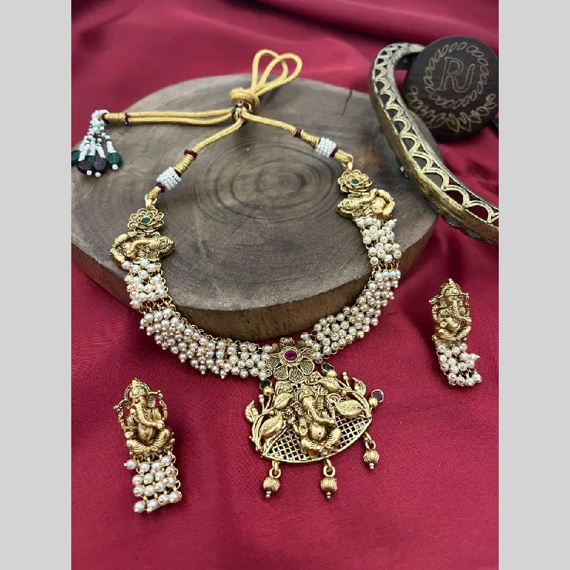 Heart Charm Necklaces-FS Collection Gold Plated Pota Stone And Pearls Lord Ganesha Necklace Set