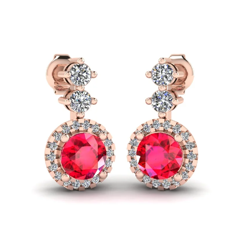 Mixed Color Earrings-Ruby 1.10 Carat Round Shape Halo Natural Diamond Drop Earrings E1RBR