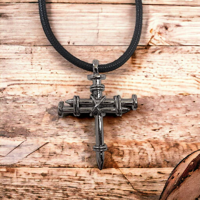 Silver Heart Necklaces-Pewter Nail Cross Necklace Gunmetal