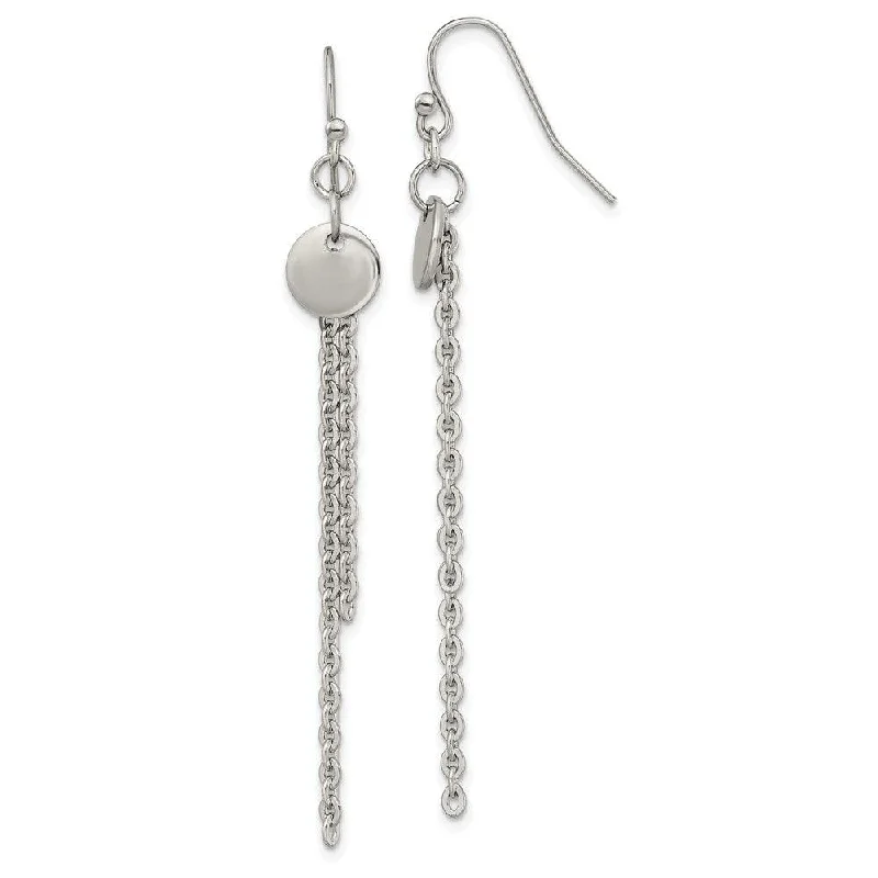 Silver Tassel Earrings-Stainless Steel Polished Disc with Chain Dangle Shepherd Hook Earrings