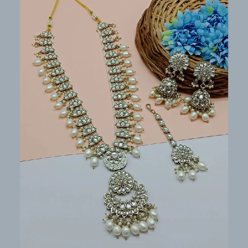 Chunky Bead Necklaces-Gehana Mahal Gold Plated Kundan Stone And Pearls Long Necklace Set