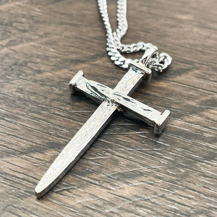 Boho Charm Necklaces-Nail Cross Large Rugged Rhodium Metal Finish Pendant Chain Necklace