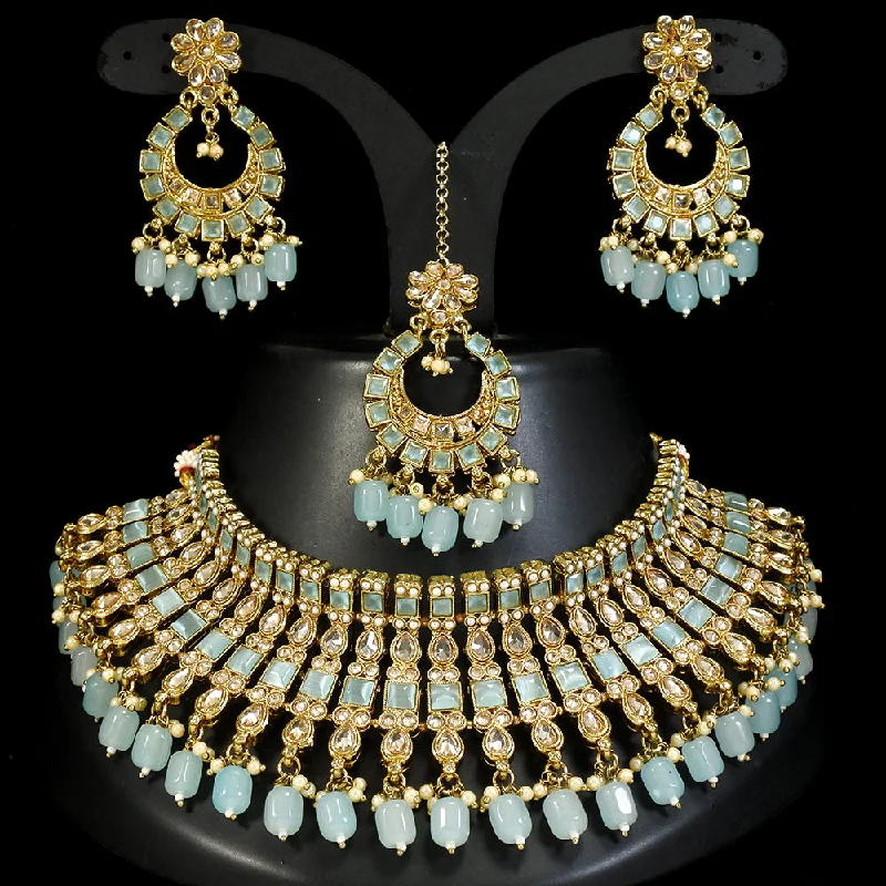 Luxury Choker Necklaces-LALSO Gold Plated  Zircon Work Bridal Jewelry Choker Necklace Jewelry Set With Maangtika