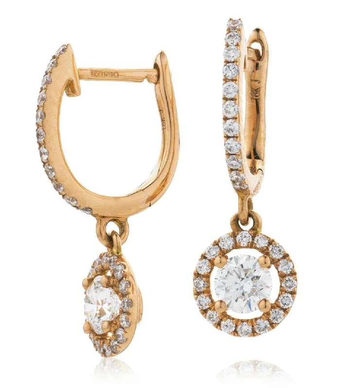 Luxury Hoop Earrings-DIAMOND HALO DROP HOOP EARRINGS IN 18K ROSE GOLD