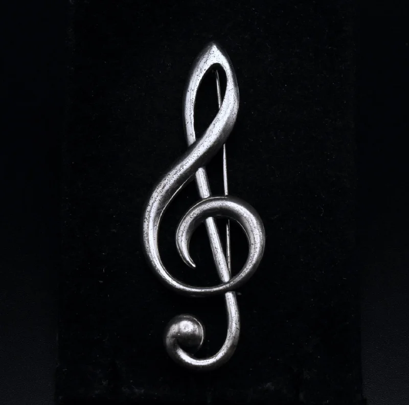 Vintage Brooch with Classic Design-Vintage Sterling Silver Treble Clef Brooch