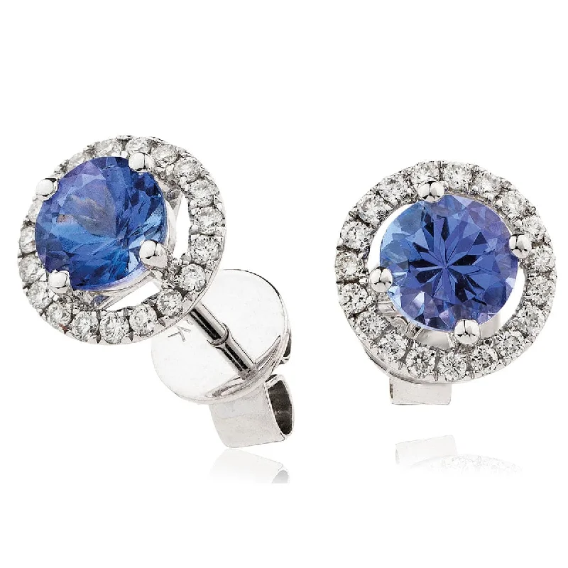 Crystal Stud Earrings-TANZANITE HALO STUD EARRINGS