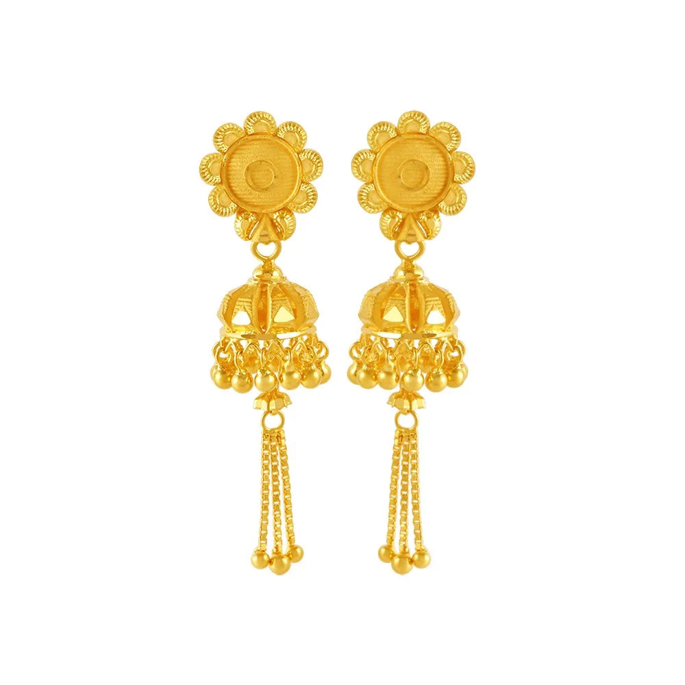 Classic Silver Earrings-22KT (916) Yellow Gold Jhumka Earrings With Chain Tassels