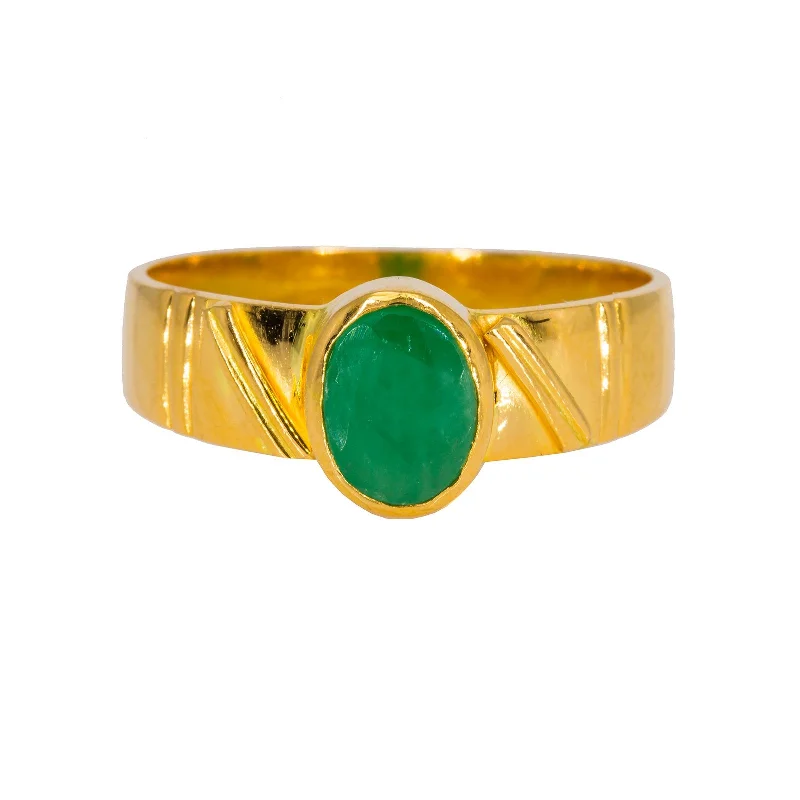 Elegant Gold Rings-22K Yellow Gold Men's Ring W/ Emerald & Faceted Band