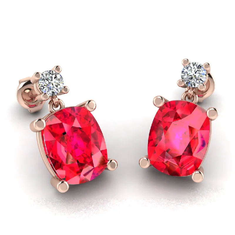 Trendy Rose Gold Earrings-Cushion Shape Ruby Natural Diamond Drop Earrings EDCCR