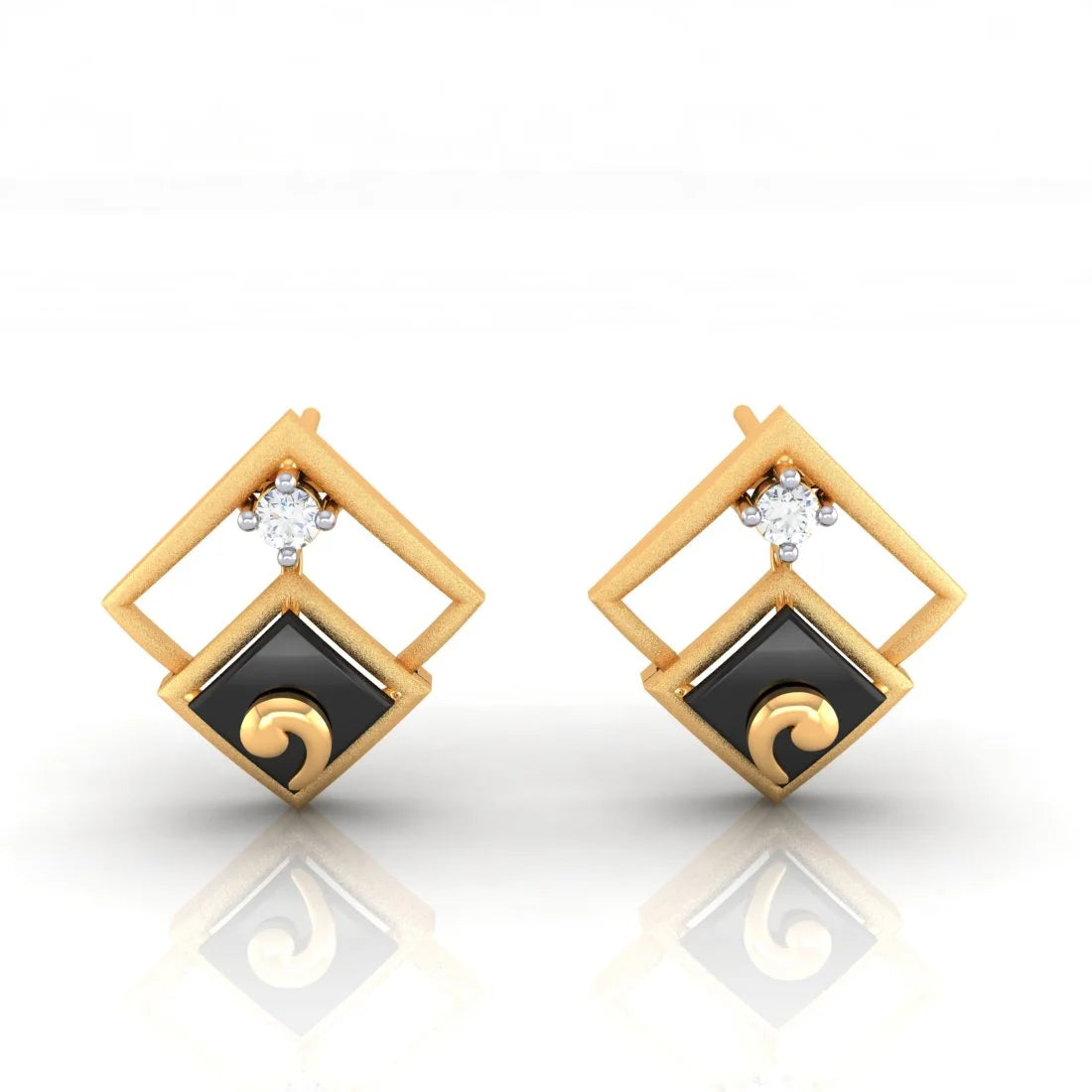 Multi-Tone Earrings-22k (916) Gold Earrings Having Diamond Shape Frames And Black Meena With An Embedded Stone