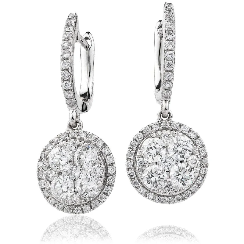 Gold Hoop Earrings for Women-DIAMOND CLUSTER AND HALO DROP EARRINGS IN 18K WHITE GOLD