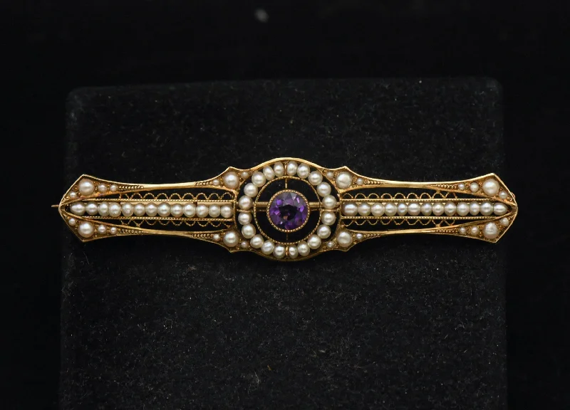 Classic Wedding Brooch for Bridesmaids-Antique 14K Gold, Amethyst and Cultured Pearl Bar Brooch