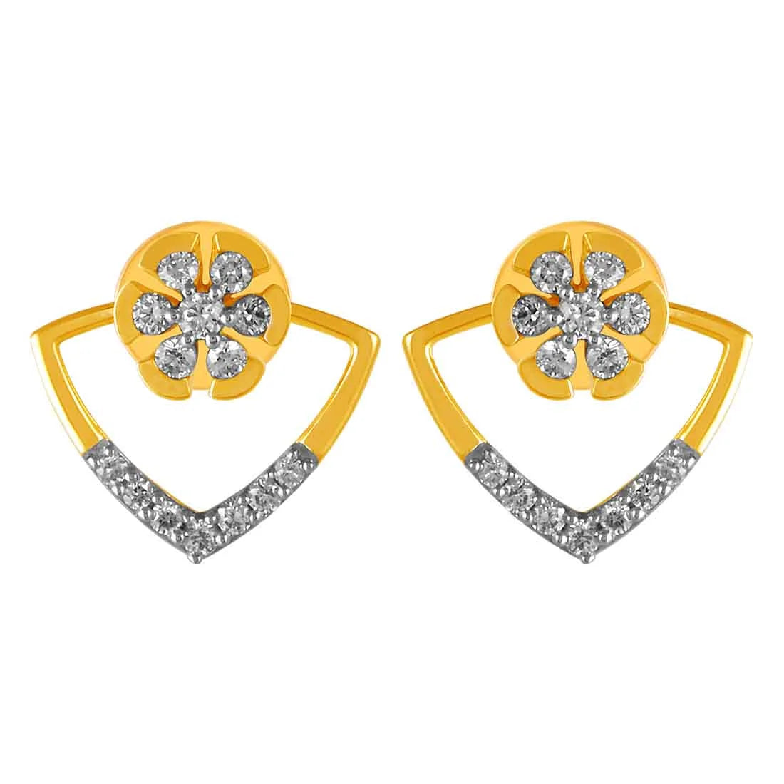 Elegant Bead Earrings-14KT (585) Yellow Gold & Diamond Floral Design Stud Earrings