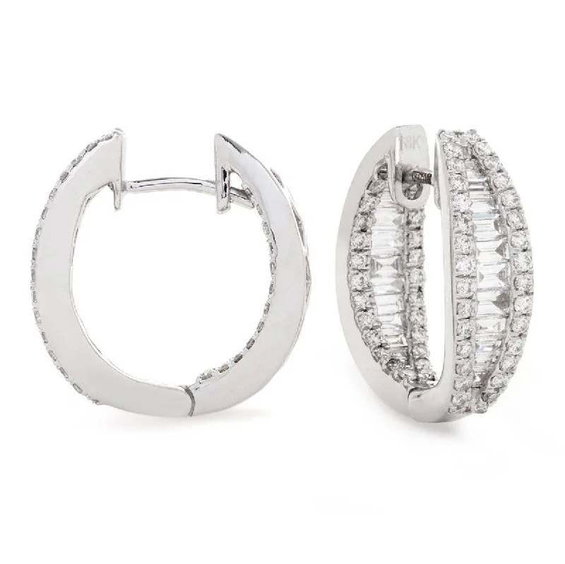 Sparkly Drop Earrings-ROUND AND BAGUETTE CUT DIAMOND HOOP EARRINGS IN 18K WHITE GOLD