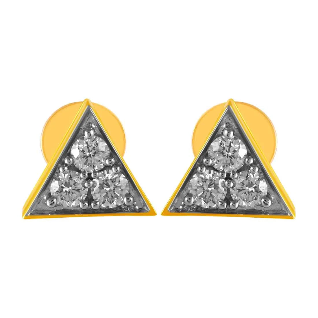 Bright Gemstone Earrings-14KT (585) Yellow Gold & Diamond Triangle Shaped Stud Earrings