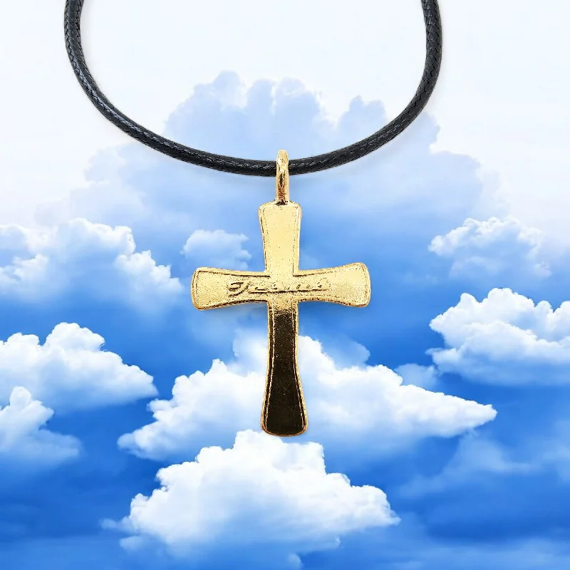 Customized Jewelry Necklaces-Jesus Cross Gold Metal Finish Black Cord Necklace