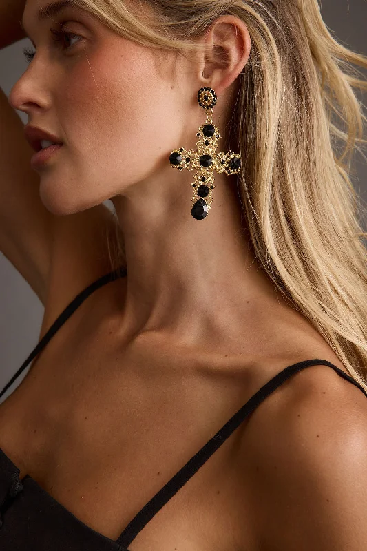 Affordable Silver Earrings-Arabella Gold and Black Statement Cross Earrings