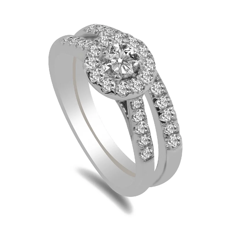 Solitaire Diamond Wedding Rings-0.75CT Diamond Engagement Ring with Halo and Side Diamond Accents set in 14K White Gold