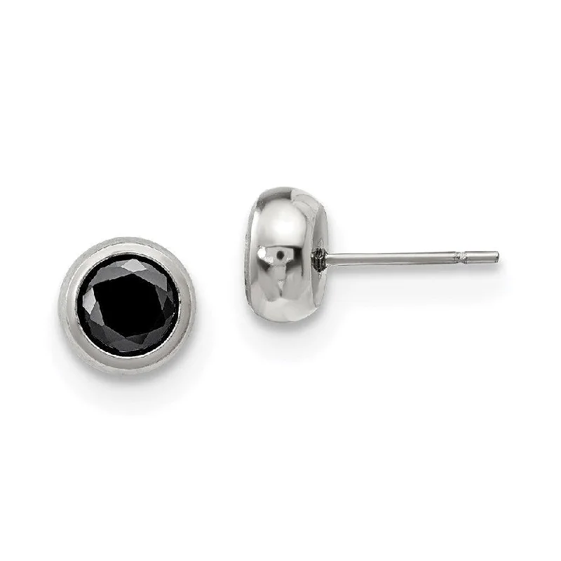 Statement Earrings for Teens-Stainless Steel Polished 6mm Bezel Black CZ Stud Post Earrings