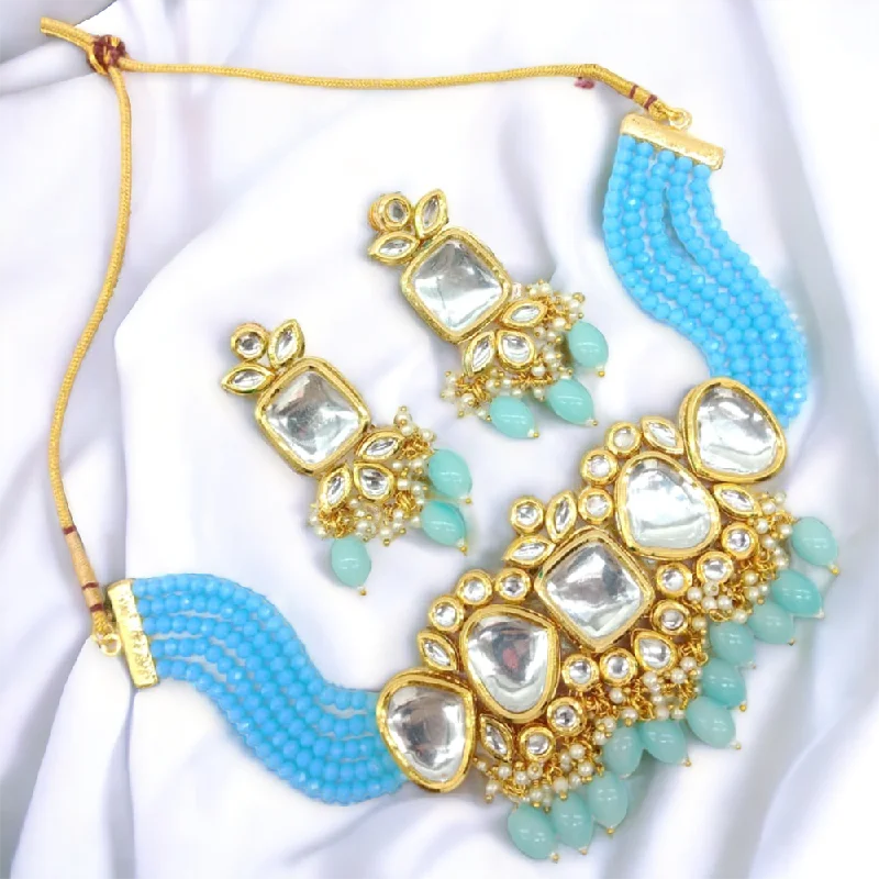 Elegant Wedding Necklaces-Gehana Mahal Gold Plated Kundan And Beads Choker Necklace Set