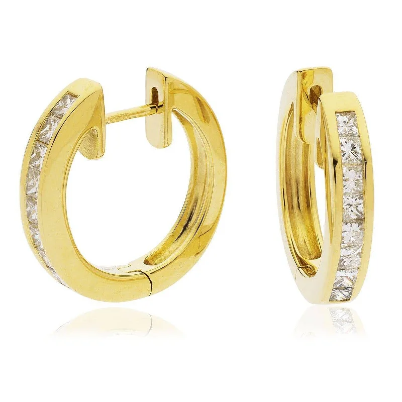 Chic Silver Dangle Earrings-PRINCESS CUT DIAMOND CHANNEL SETTING HOOP EARRINGS IN 18K YELLOW GOLD