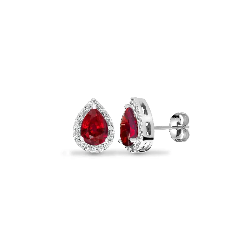 Geometric Gold Earrings-RUBY HALO STUD EARRINGS IN 9K WHITE GOLD