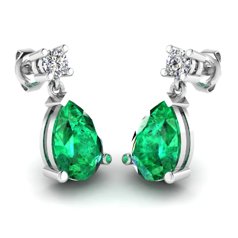 Classic Hoop Earrings-Emerald Gem Pear Shape Natural Diamond Drop Earrings EDPSE