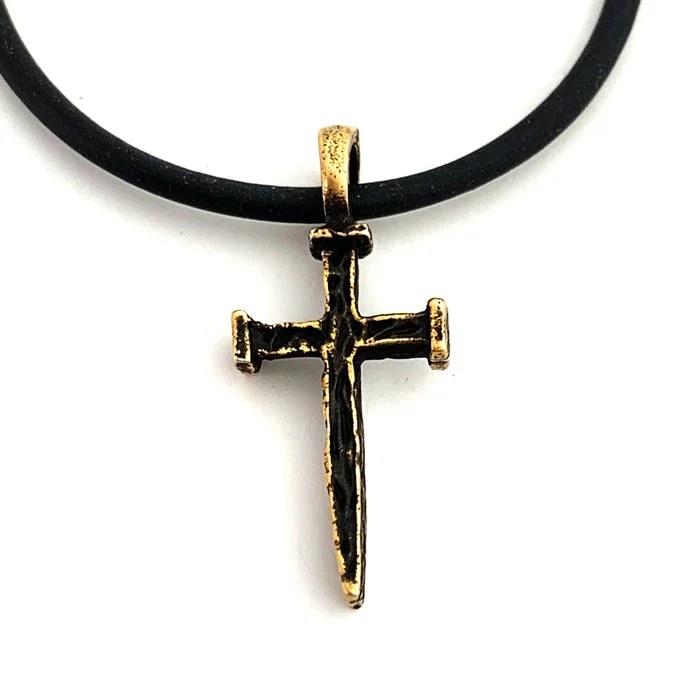 Colorful Crystal Necklaces-Nail Cross Antique Brass Necklace On Black Cord