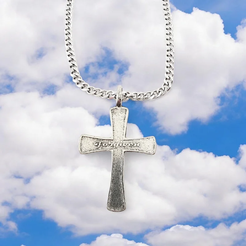 Elegant Wedding Necklaces-Cross Forgiven Antique Silver Metal Finish Curb Chain Necklace