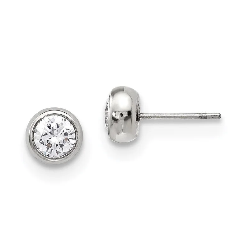 Classic Silver Earrings-Stainless Steel Polished 5mm Bezel CZ Stud Post Earrings