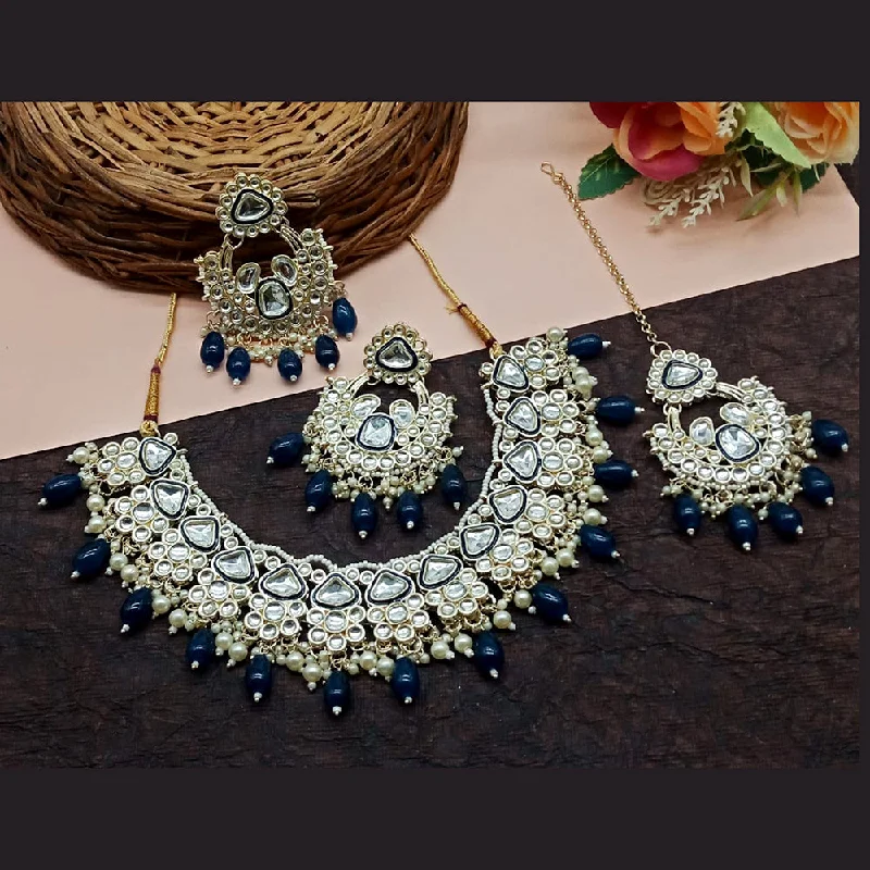 Simple Gemstone Choker Necklaces-India Art Gold Plated Kundan And Pearl Necklace Set