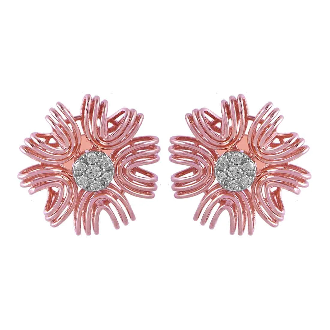 Funky Silver Earrings-14KT (585) Rose Gold & Diamond Intricate Floral Stud Earrings