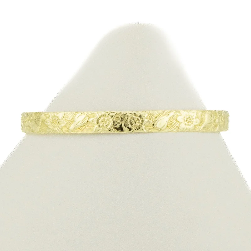 Customizable Gold Bracelets-7mm Floral Fashion Bangle 8" Bracelet in 14K Yellow Gold