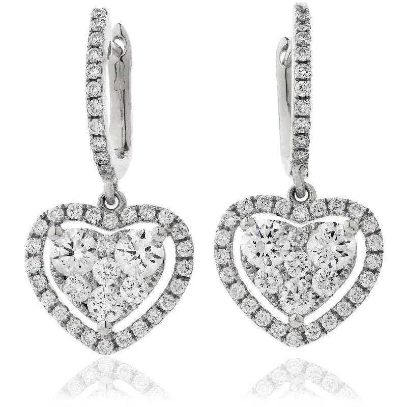 Colorful Statement Earrings-DIAMOND CLUSTER AND HALO DROP EARRINGS IN 18K WHITE GOLD