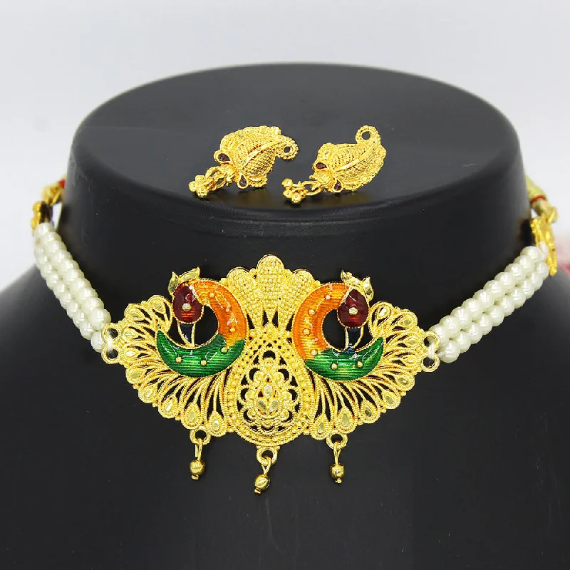 Green Turquoise Necklaces-Mahavir Dye Gold Pearl Peacock Choker Necklace Set