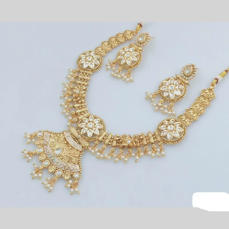 Art Deco Necklaces-Rani Sati Jewels Gold Plated Pota Stone And Pearl Meenakari Necklace Set