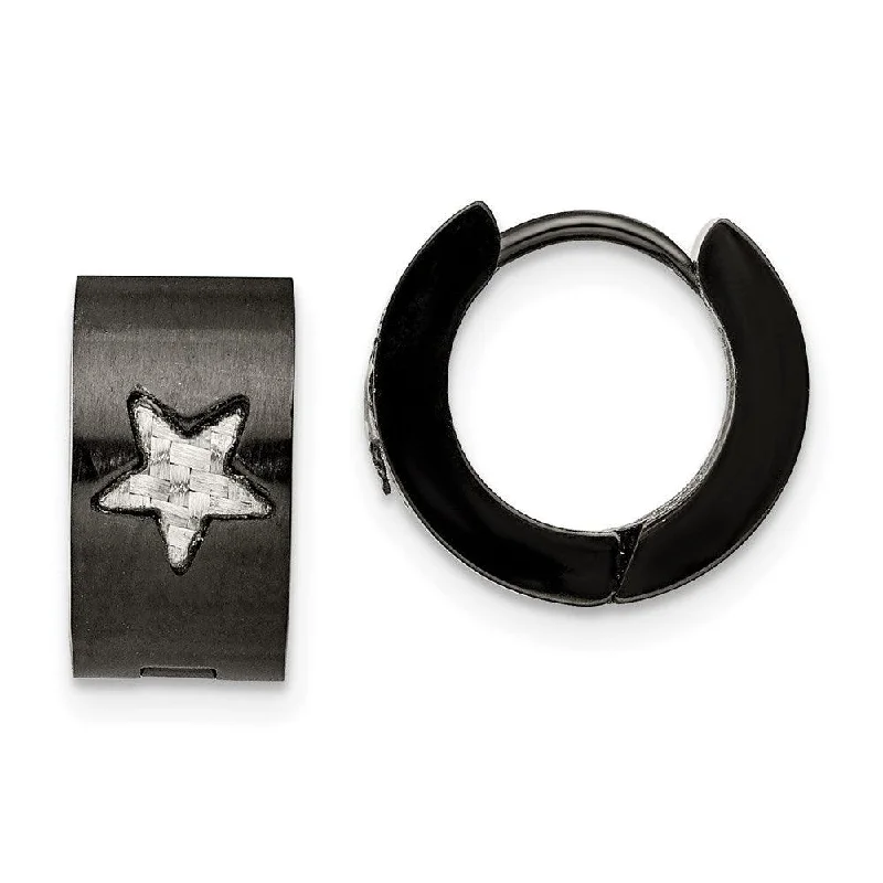 Retro Style Earrings-Stainless Steel Black IP plated Star Hinged Hoop Earrings