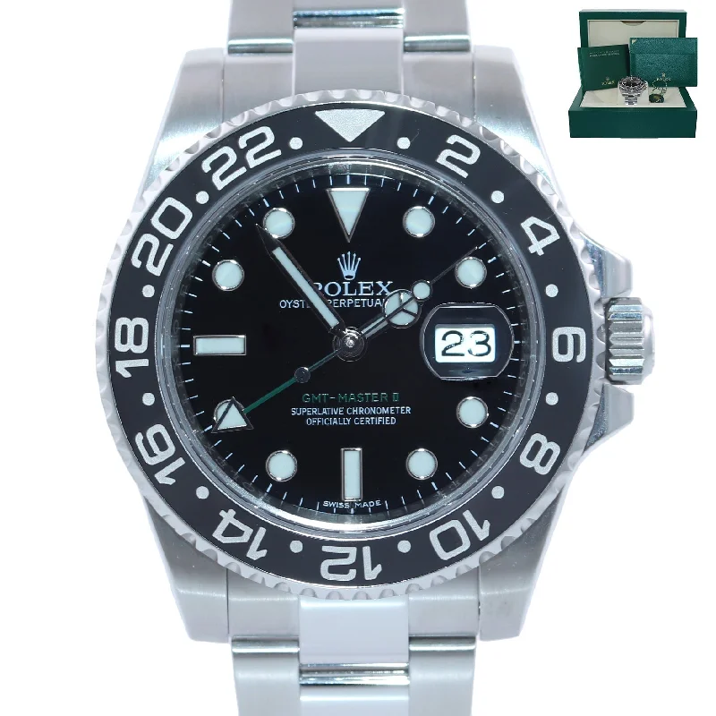 Water-Resistant Diving Watches-Rolex GMT Master II 116710 Steel Ceramic Black Green Hand Watch Box