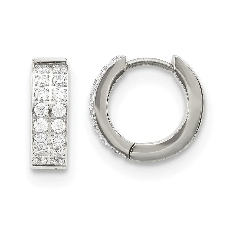 Large Hoop Earrings for Women-Stainless Steel Polished with 2 Rows of CZ Hinged Hoop Earrings